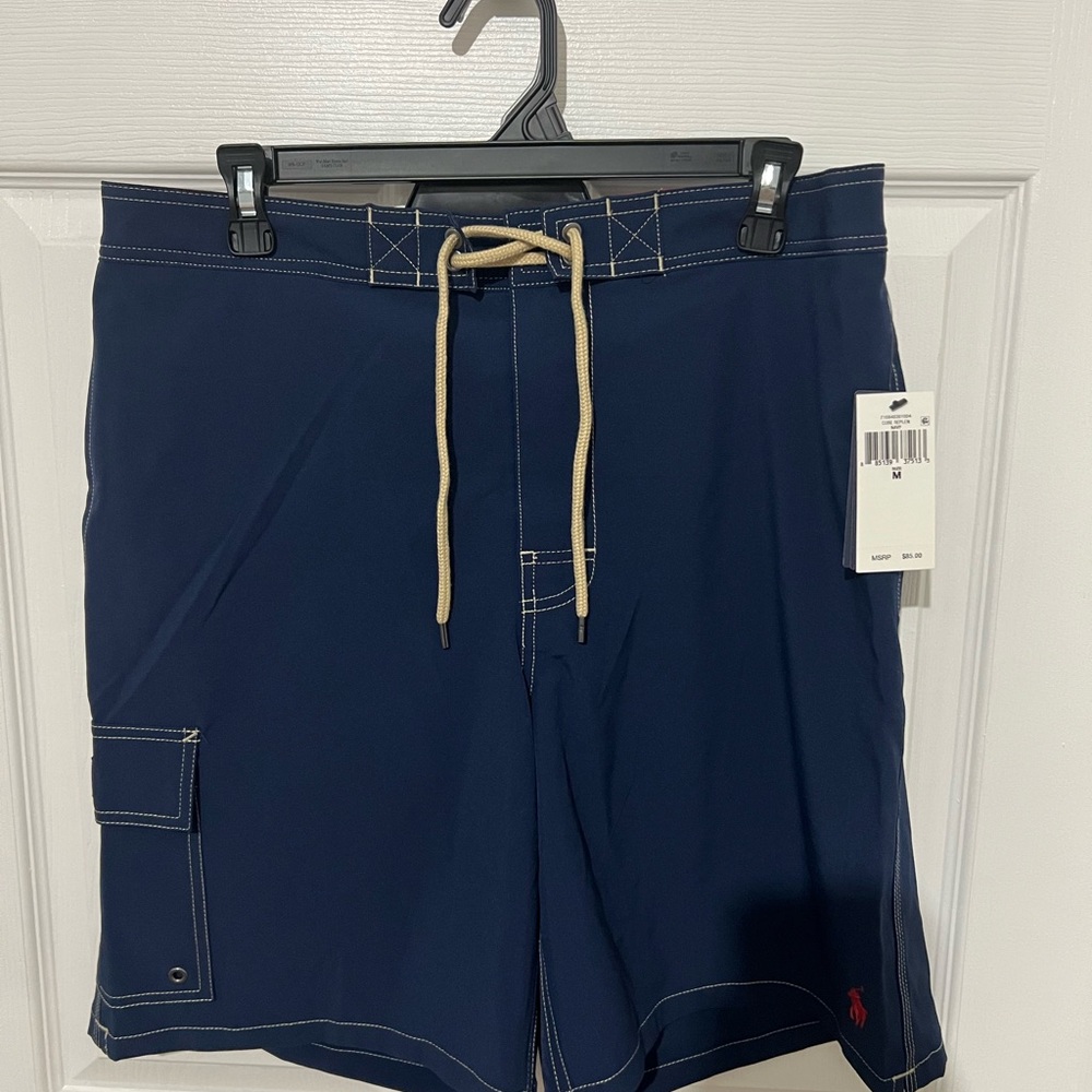 Polo by Ralph Lauren Navy Swim Board Shorts with Tan Drawstring